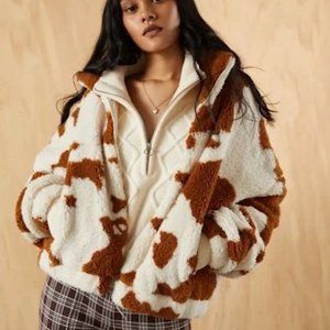 UO Cow Print Plush Zip Up Jacket/Coat